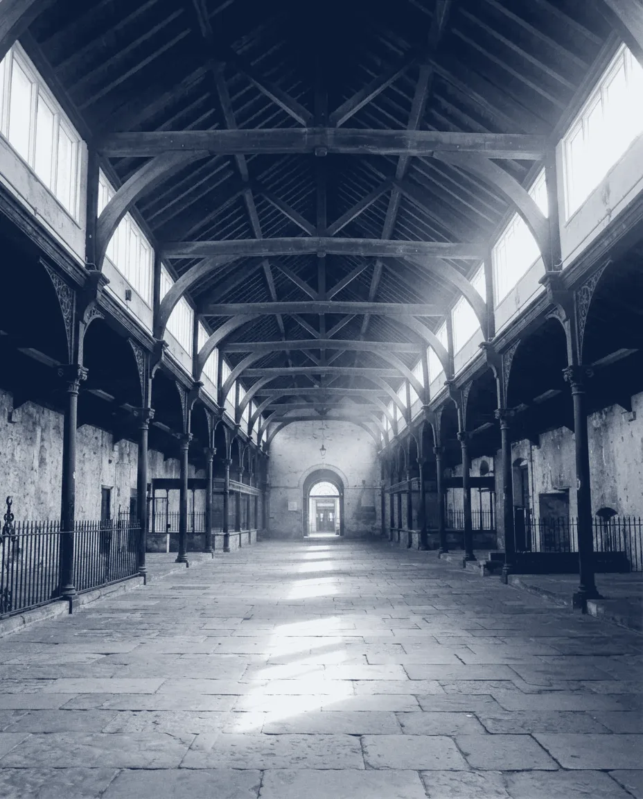 Cyanotype print of Kalk Hall, a converted market hall with exposed roof trusses